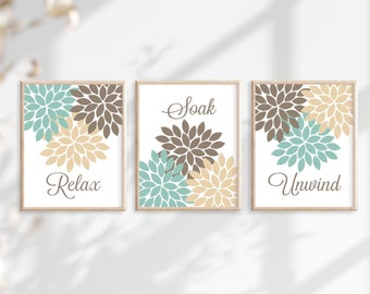 Seafoam Brown Bathroom Wall Decor, Bathroom Wall Art, Prints or Canvas Floral Bathroom, Relax Soak Unwind, Bathroom Quotes, Set of 3