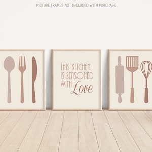 Neutral Kitchen Wall Art, This Kitchen Is Seasoned With Love, Kitchen Prints or Canvas, Kitchen Wall Decor, Kitchen Artwork Picture Set of 3