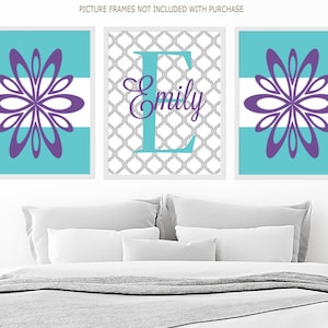 Teen Girl Wall Art Room Decor Floral Flower Monogram Name Initial Set of 3 Prints Or Canvas College Dorm Girl Decorations