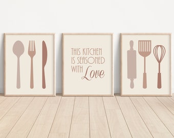 Neutral Kitchen Wall Art, This Kitchen Is Seasoned With Love, Kitchen Prints or Canvas, Kitchen Wall Decor, Kitchen Artwork Picture Set of 3