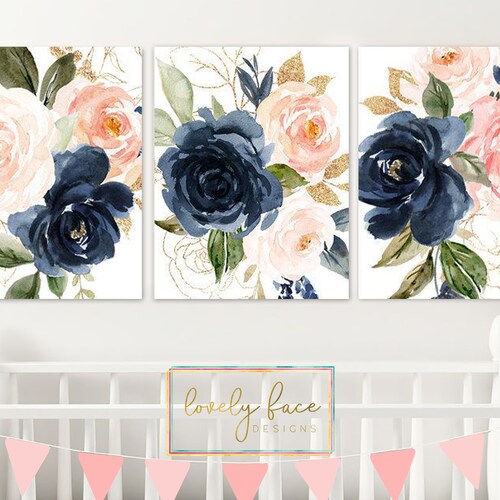 Pink Navy Watercolor Floral Nursery Art Pink Flowers Nursery | Etsy