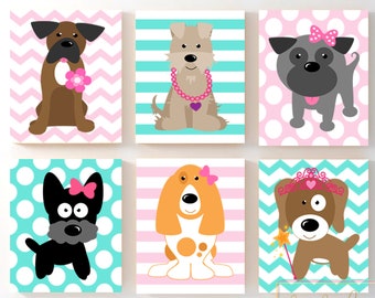 Puppy Nursery Art Prints or Canvas, Puppy Nursery Decor, Puppy Nursery Print, Baby Girl Puppy Dog Nursery Decor, Decor Set of 6