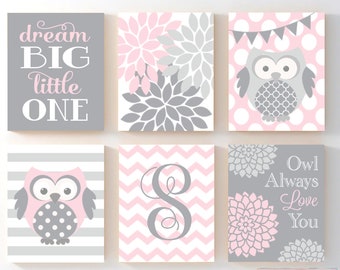 Pink Gray Owl Wall Art, Baby Girl Owl Nursery Art, Pink Gray Nursery Decor, Girl Owl Flower Prints or Canvas, Owl Always Love You, Set of 6