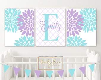 Floral Nursery Wall Art, Baby Girl Name, Flower Nursery Decor, Prints Or Canvas, Girl Bedroom Pictures, Lavender Aqua, Set of 3