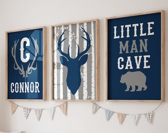 DEER Antler Nursery Decor, Baby Boy Nursery Wall Decor, Little Man Cave Bear Print or Canvas, Boy Name Rustic Nursery, Navy Gray, Set of 3