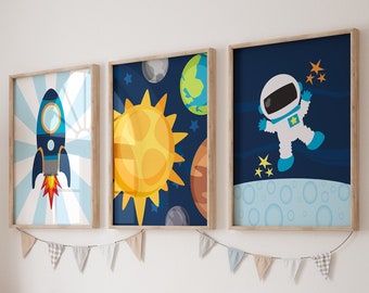 Impresiones o lienzo de guardería de astronautas, decoración de guardería espacial, arte de pared de guardería para bebés, decoración de habitaciones para niños pequeños, cohete espacial exterior, conjunto de 3