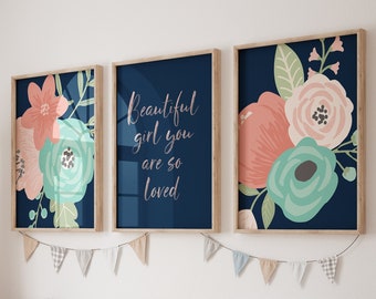 Navy Floral Nursery Prints or Canvas, Flower Above Crib Decor, Beautiful Girl Quote Art, Above Bed Wall Decor, Floral Nursery Art, Set of 3