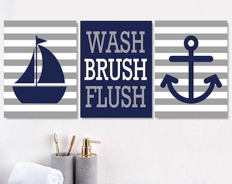 Kids Nautical Bathroom Art, Prints Or Canvas Wall Art, Wash Brush Flush, Navy Bathroom, Bathroom Rules, Bathroom Pictures, Set of 3