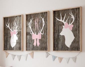 Girl Deer Nursery Decor, Girl Deer Wall Art, Prints Or Canvas, Pink Nursery Decor, Country Girl Bedroom Decor, Deer Pictures, Set of 3