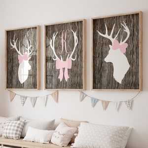 Girl Deer Nursery Decor, Girl Deer Wall Art, Prints Or Canvas, Pink Nursery Decor, Country Girl Bedroom Decor, Deer Pictures, Set of 3