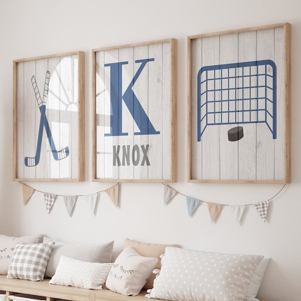 Distressed Hockey Wall Art For Nursery, Hockey Sticks Puck, Boy Sports Bedroom Prints or Canvas Set of 3, Above Crib Art, Wood Effect, Blue