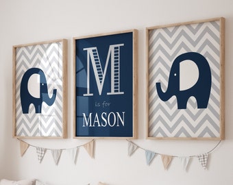 ELEPHANT Nursery Decor, Elephant Nursery Art, Elephant Nursery Prints Or Canvas, Boy Nursery Decor, Navy Gray Nursery Pictures, Set of 3