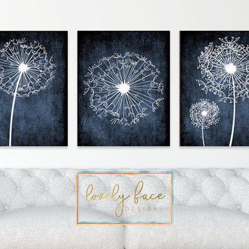Dandelion Decor Print Navy Blue Home Decor Navy Bedroom Decor Etsy