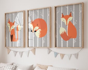 FOX Nursery Wall Art, Fox Nursery Decor, Fox Nursery Prints, Woodland Nursery Decor, Boy Nursery Pictures, Set of 3 Prints Or Canvas