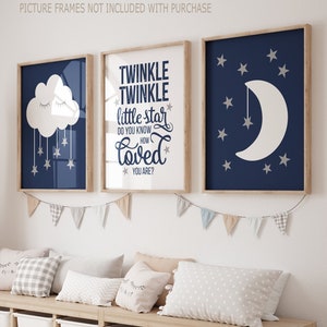 Moon Cloud Stars Nursery Decor Prints or Canvas Twinkle Twinkle Little Star Wall Art Navy Boy Quote Nursery Artwork Set of 3 Pictures