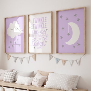 Cloud Nursery Wall Art, Moon Cloud Stars Nursery Decor Prints or Canvas, Twinkle Twinkle Little Star Lilac Purple Gray Girl Set of 3