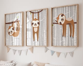 Sloth Wall Art, Sloth Nursery Decor Sloth Prints or Canvas Sloth Baby Boy Nursery Decor, Sloth Playroom Pictures, Set of 3 Sloth Lover Gift