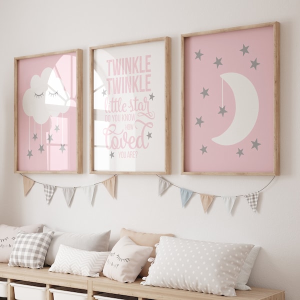 Cloud Nursery Wall Art, Moon Cloud Stars Nursery Decor Prints or Canvas, Twinkle Twinkle Little Star Pink Gray Girl Set of 3