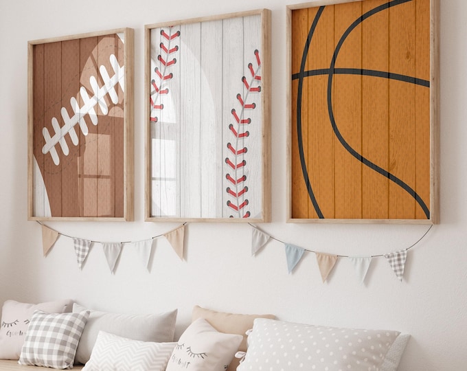 Sports Room Art, Sports Wall Prints or Canvas Set of 3, Distressed Sports Theme Nursery Decor Above Crib Art, Boy Sports Bedroom, Set of 3