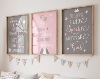 Pink Gray Quote Nursery Decor, Girl Nursery Wall Art, She Leaves A Little Sparkle, Let Her Sleep, Sugar and Spice, Prints or Canvas Set of 3