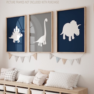 DINOSAUR Nursery Wall Decor, Boy Dinosaur Nursery Wall Art, Dinosaur Prints Or Canvas, Boy Dinosaur Bedroom, Navy Gray Dinosaur Set of 3