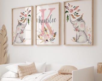 Boho Elephant Nursery Prints, Set of 3, Personalized, Floral Feathers, Girl Decor