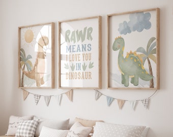 Watercolor Dinosaur Wall Art, Dinosaur Prints For Boys Room, Dinosaur Nursery Decor Set of 3 Prints or Canvas, Dinosaur Wall Decor