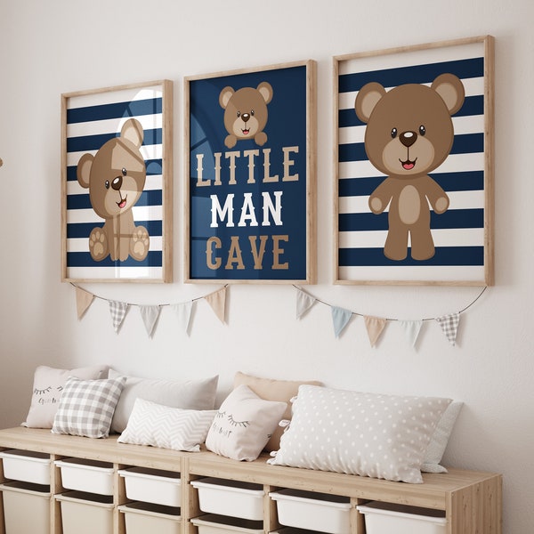 Boy Bear Wall Art, Baby Boy Nursery Decor, Boy Bear Bedroom Wall Decor, Baby Boy Teddy Bear Prints or Canvas Above Crib Boy Decor Set of 3