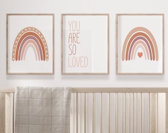 Neutral Rainbow Wall Art, Boho Rainbow Nursery Prints or Canvas, Set of 3 Girls Nursery Prints, You Are So Loved, Rainbow Prints Watercolor