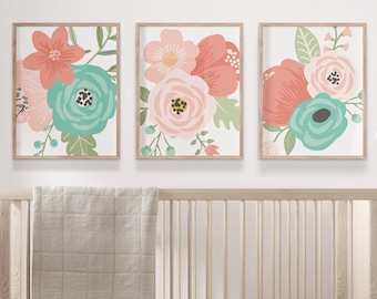 Coral Aqua Flower Wall Art, Coral Aqua Girl Flower Nursery Art Prints or Canvas Floral Bedroom Decor, Floral Bathroom Decor, Set of 3