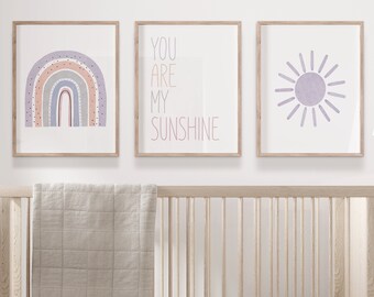 Lavender Rainbow Nursery Prints or Canvas Set of 3 Watercolor Rainbow Prints Baby Girl Nursery Purple Rainbow Nursery Wall Decor Sunshine