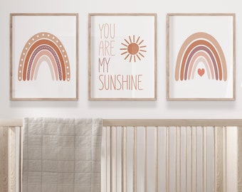 Neutral Rainbow Wall Art, Boho Rainbow Nursery Prints or Canvas, Set of 3 Baby Nursery Prints, You Are My Sunshine Watercolor Rainbow Prints