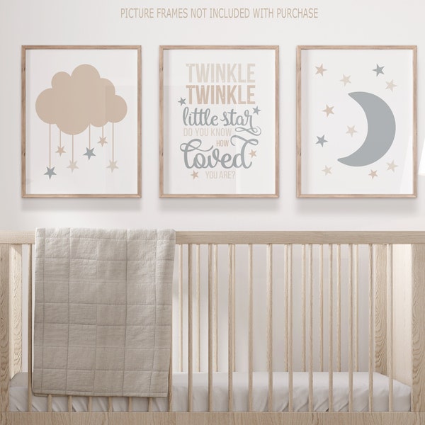 Neutral Cloud Moon Twinkle Twinkle Little Star Printable Nursery Art Set of 3 Prints, Boy Nursery Decor, Boho Kids Room, Nursery Pictures