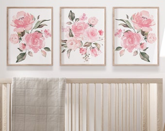 Floral Watercolor Nursery Wall Art, Baby Girls Nursery Above Crib Prints or Canvas Set of 3, Pink Flowers Nursery Wall Decor, Printable Art