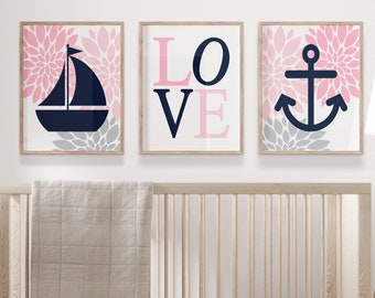 Girl Nautical Nursery Wall Art, Nautical Nursery Decor, Girl Nursery Prints Or Canvas, Floral Nursery Wall Decor, Nursery Pictures, Set of 3
