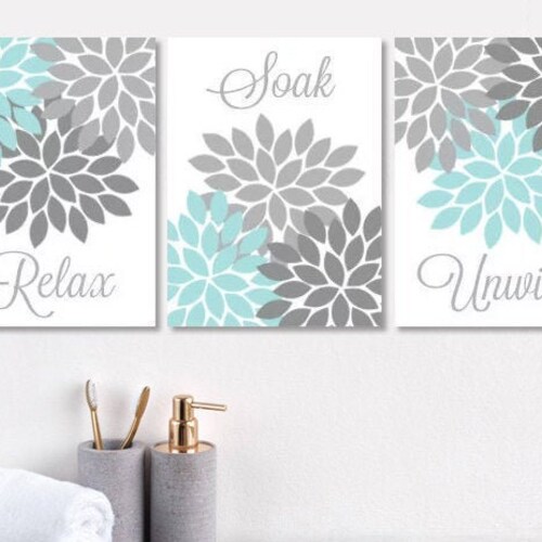 Aqua Gray Bathroom Wall Art Prints or Canvas Flower Bathroom Etsy