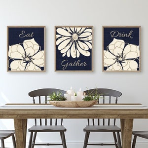 Navy Kitchen Wall Decor, Eat Gather Drink, Dining Room Wall Decor Prints or Canvas, Flower ...