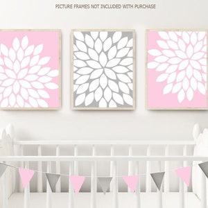 Floral Nursery Decor, Baby Girl Nursery Wall Art Prints or Canvas, Pink Gray Nursery Decor, Girl Bedroom Decor, Flower Wall Decor Set of 3 image 1
