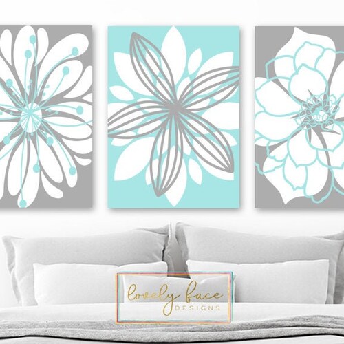 Aqua and Gray Wall Decor Set of 3 Watercolor Prints Aqua Etsy