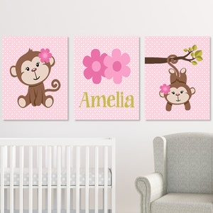 Girl MONKEY Nursery Wall Art, Monkey Nursery Decor, Prints Or Canvas, Girl Monkey Bathroom, Girl Nursery Pictures, Pink Nursery, Set of 3 image 1