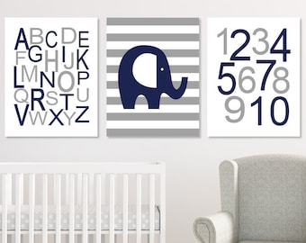 Elephant Nursery Wall Art, Elephant Nursery Decor, Elephant Prints Or Canvas, Navy Nursery Decor, Boy Nursery Pictures, ABC 123, Set of 3