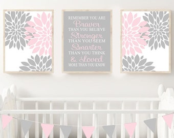 Pink Gray Nursery Wall Art Baby Girl Nursery Decor Floral Nursery Art Bedroom Pictures Remember You are Braver Prints Or Canvas Set of 3