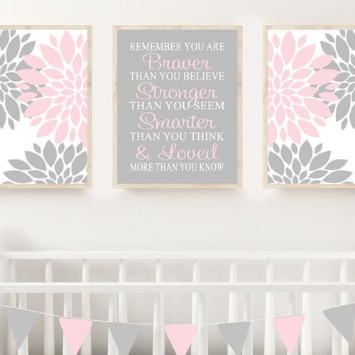 Pink Gray Nursery Wall Art Baby Girl Nursery Decor Floral Etsy