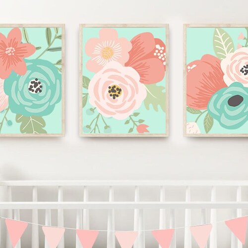 Flower Nursery Wall Art Girl Nursery Prints or Canvas Mint Etsy