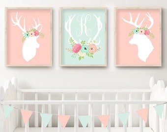 Girl Deer Nursery Decor, Deer Nursery Prints or Canvas Wall Art, Floral Deer Nursery Pictures, Pink Flowers Boho Nursery, Set of 3