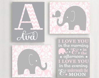 Elephant Nursery Wall Art, Pink Gray Damask Nursery, I Love You in the Morning, Baby Girl Nursery Decor Prints or Canvas, Set of 4