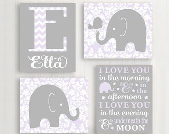 Baby Girl Elephant Nursery Wall Art, Lilac Gray Damask Nursery, I Love You in the Morning, Prints or Canvas Elephant Bird, Set of 4