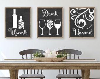 Wine Wall Art, Wine Bar Decor, Wine Prints or Canvas Wine Quote Pictures, Kitchen Wall Decor, Uncork Drink Unwind Wine Artwork Set of 3