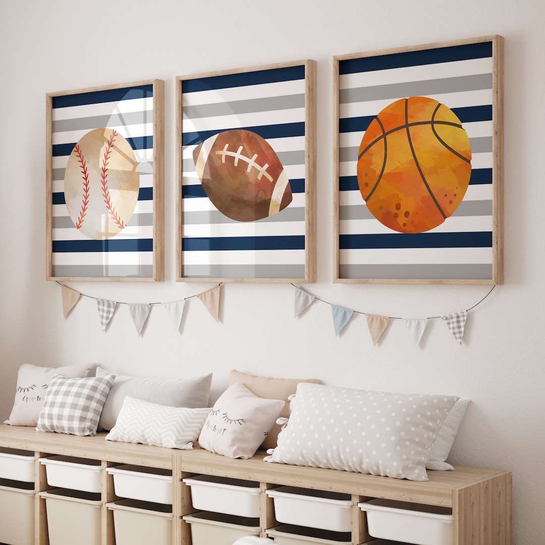 Sports Room Art, Sports Wall Prints or Canvas, Navy Gray Sports Theme Nursery Decor Above Crib