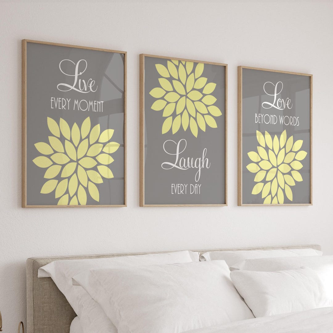 Live Laugh Love Flower Wall Art, Yellow Gray Prints, Set of 3 - Etsy